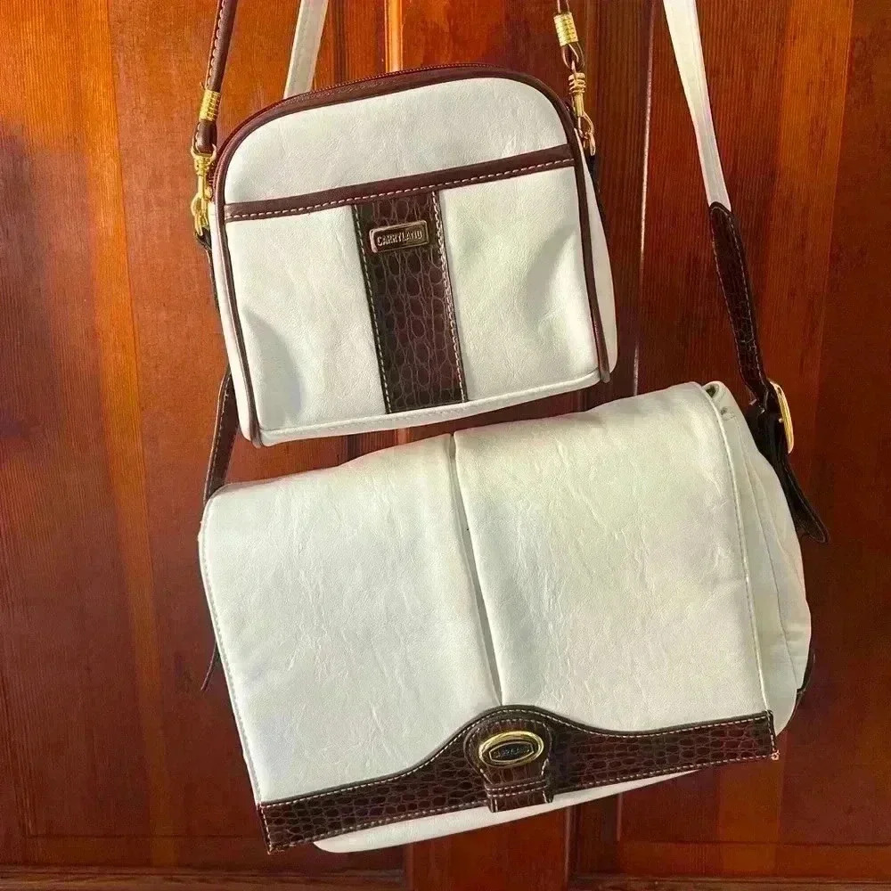 Vintage Carryland White and Brown Faux Leather Crossbody Bag Set - Set of 2